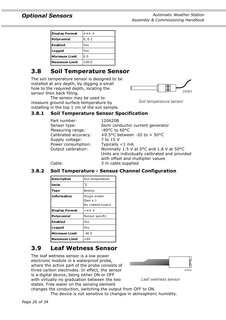 8 soil temperature sensor, 9 leaf wetness sensor, Optional sensors | 1 soil temperature sensor specification, 2 soil temperature - sensus channel configuration | Casella CEL Automatic weather station User Manual | Page 26 / 34