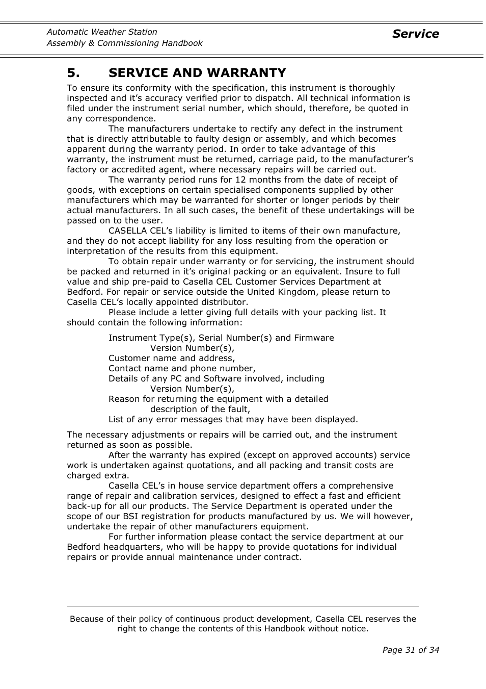 Service and warranty, Service | Casella CEL Automatic weather station User Manual | Page 31 / 34