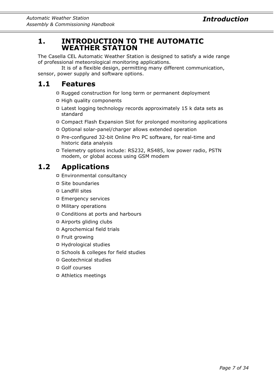 Introduction to the automatic weather station, 1 features, 2 applications | Introduction | Casella CEL Automatic weather station User Manual | Page 7 / 34