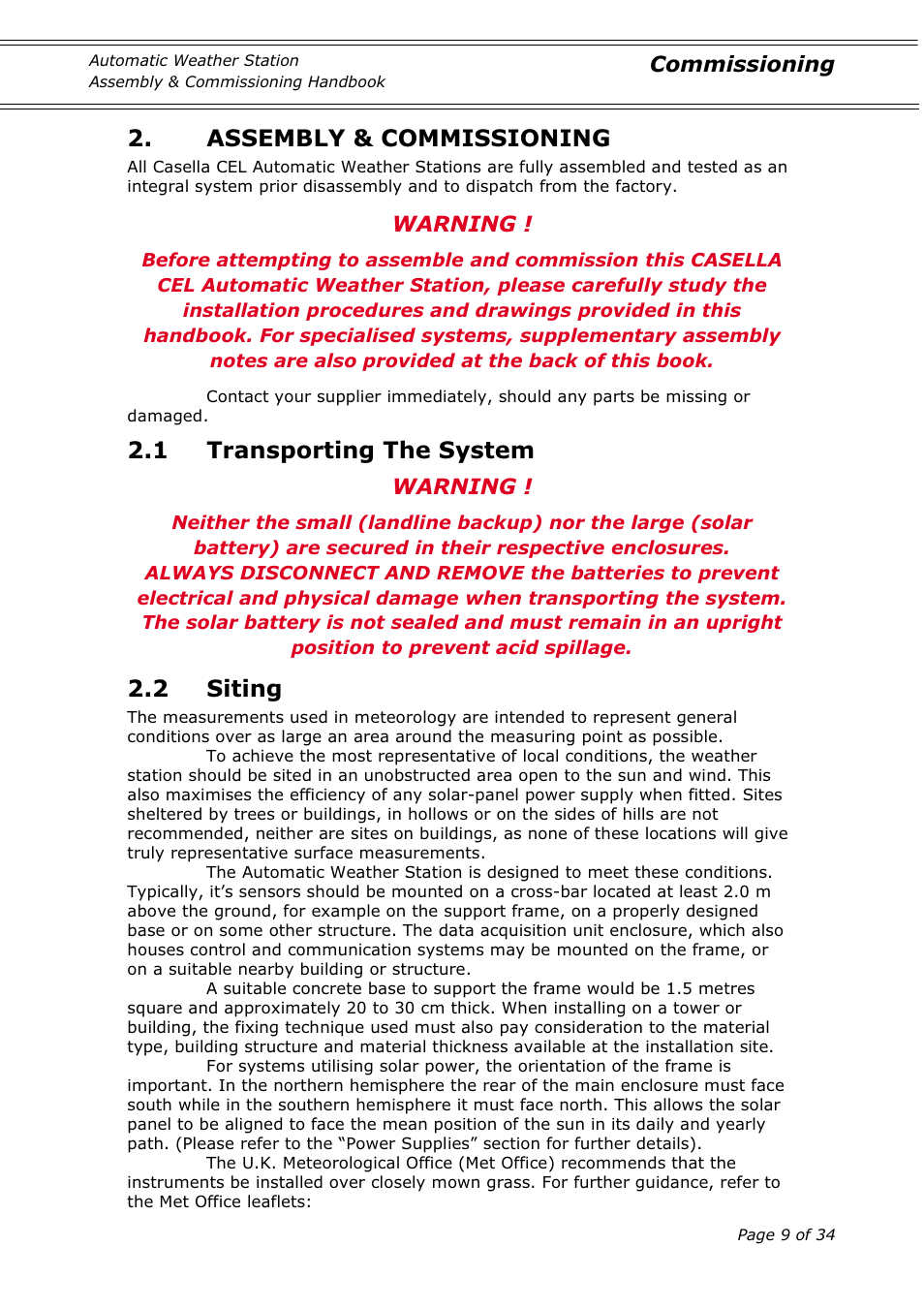 Assembly & commissioning, 1 transporting the system, 2 siting | Casella CEL Automatic weather station User Manual | Page 9 / 34