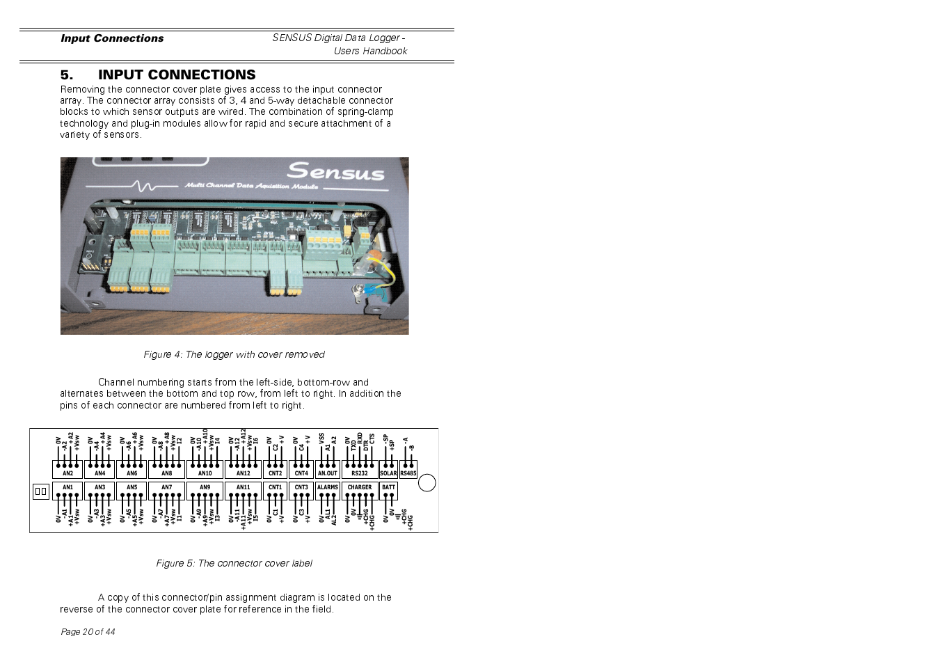 Input connections, Figure 5: the connector cover label, Sensus digital data logger - users handbook | Casella CEL Sensus data logger unit User Manual | Page 20 / 44
