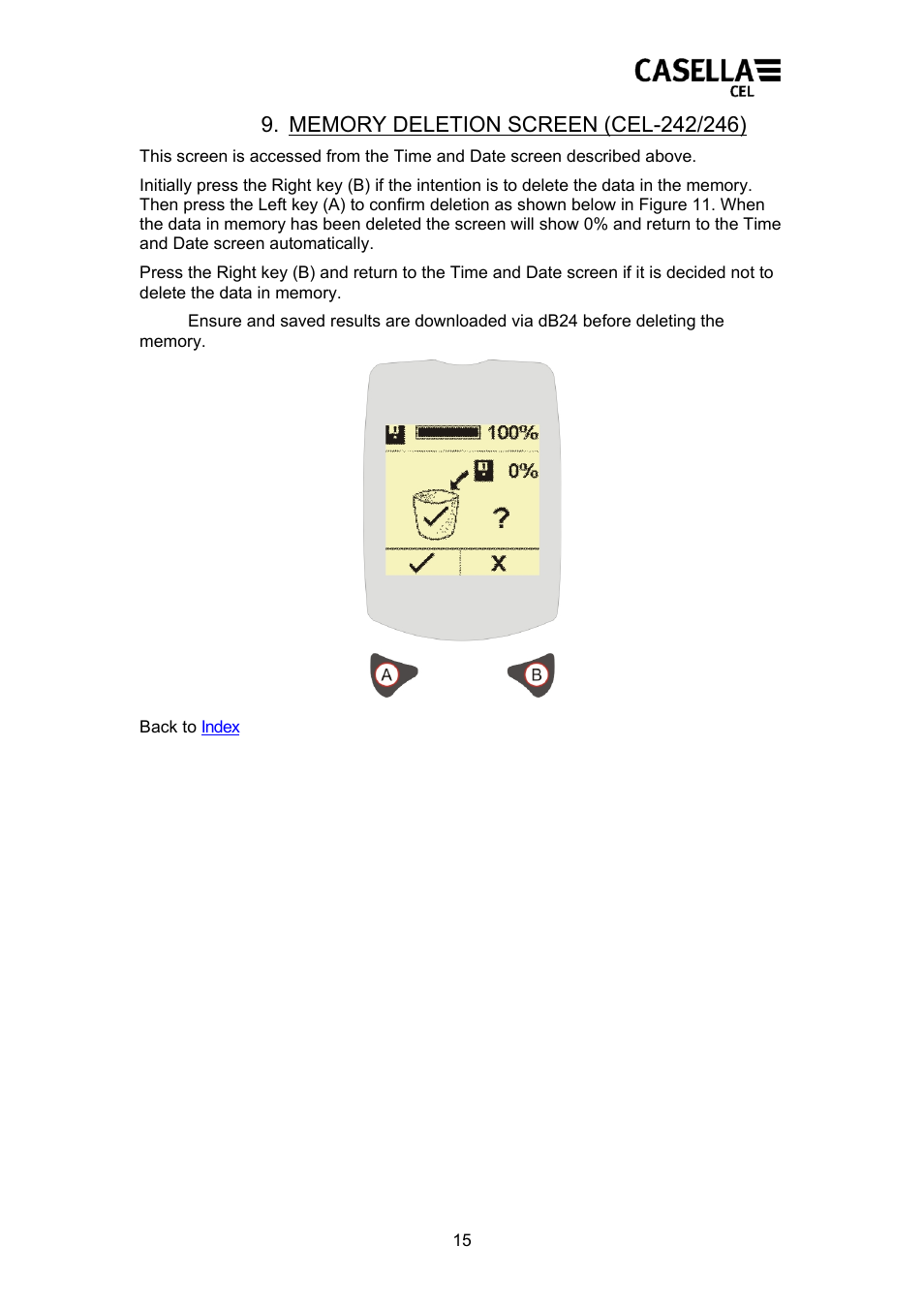 Memory deletion, Memory deletion screen, Ensure | Casella CEL CEL24X User Manual | Page 15 / 21