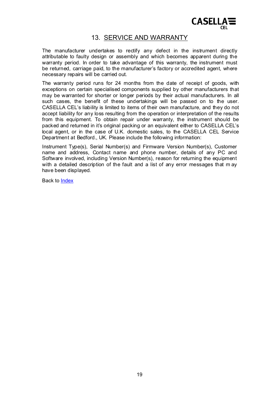 Service and warranty | Casella CEL CEL24X User Manual | Page 19 / 21