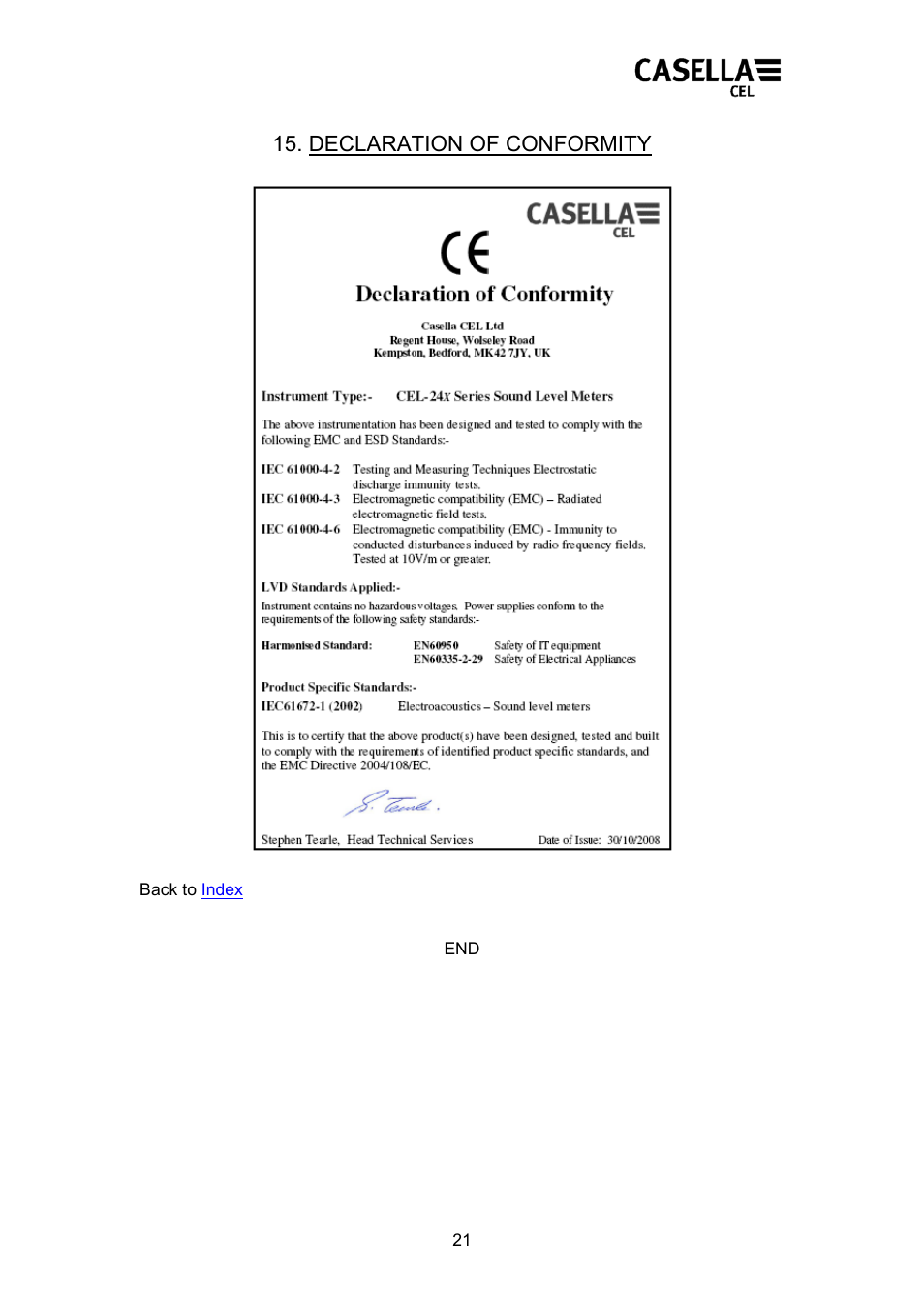 Declaration of conformity | Casella CEL CEL24X User Manual | Page 21 / 21