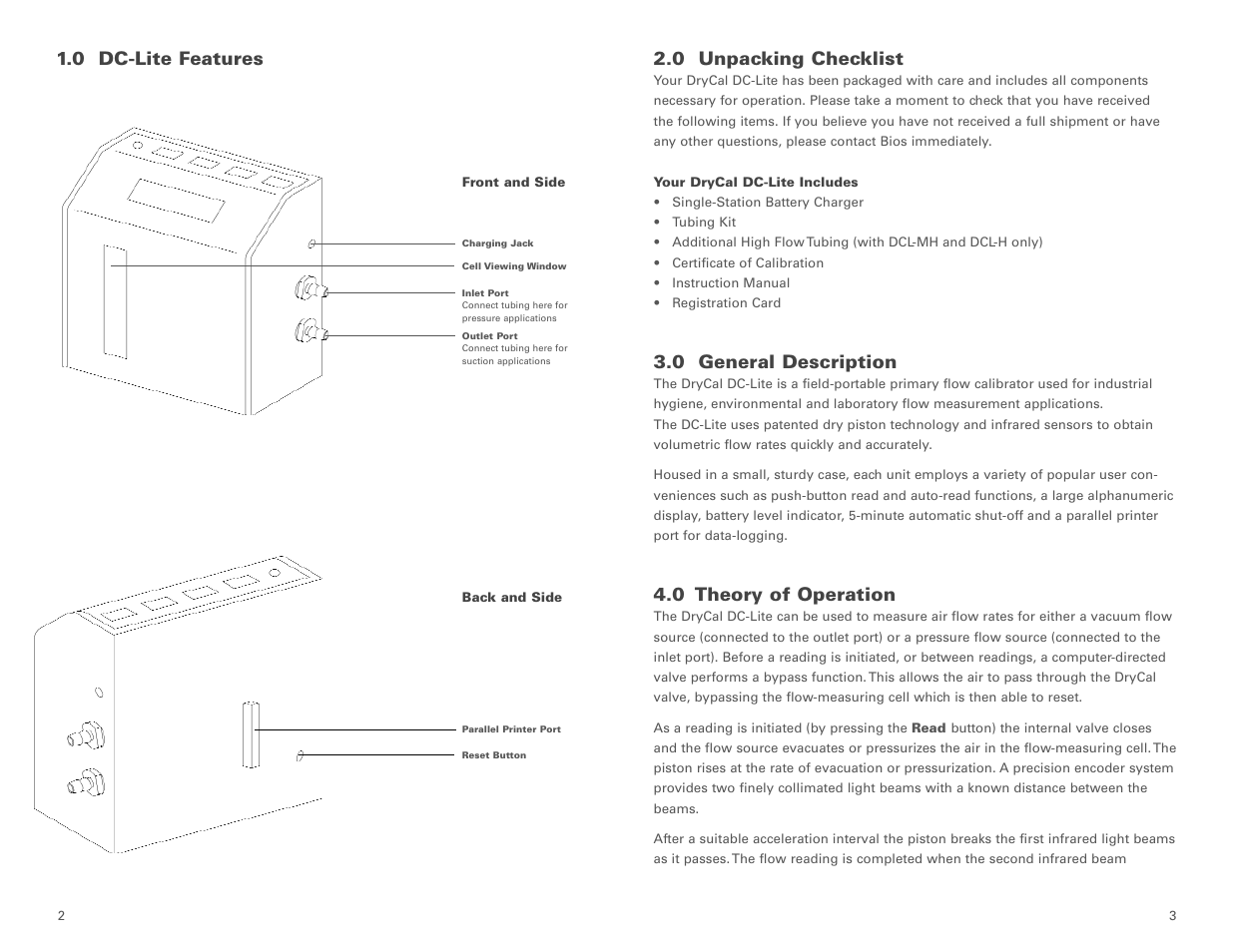 0 unpacking checklist, 0 general description, 0 theory of operation | 0 dc-lite features | Casella CEL DryCal DC-Lite flow calibrator User Manual | Page 3 / 10