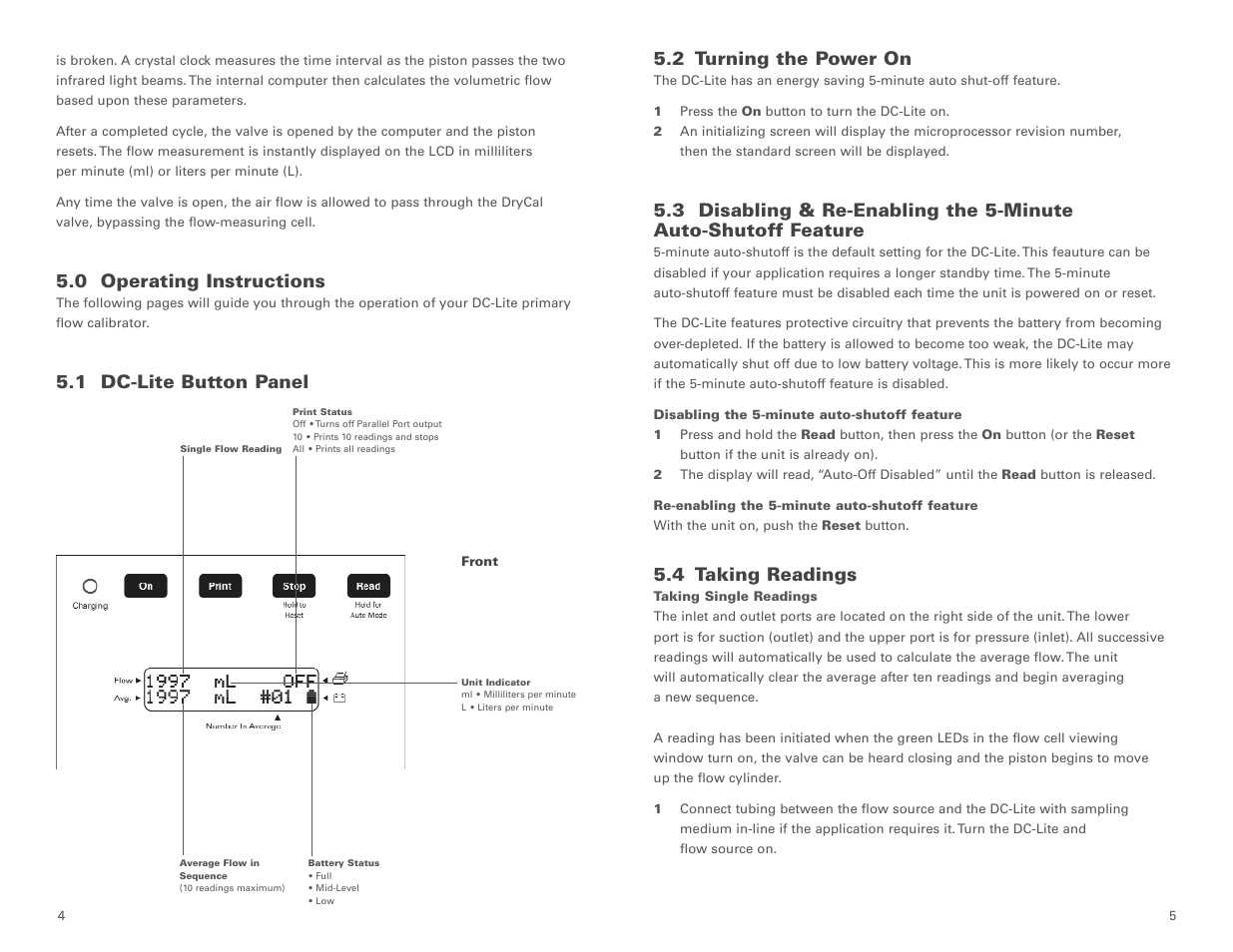 2 turning the power on, 4 taking readings, 0 operating instructions | 1 dc-lite button panel | Casella CEL DryCal DC-Lite flow calibrator User Manual | Page 4 / 10