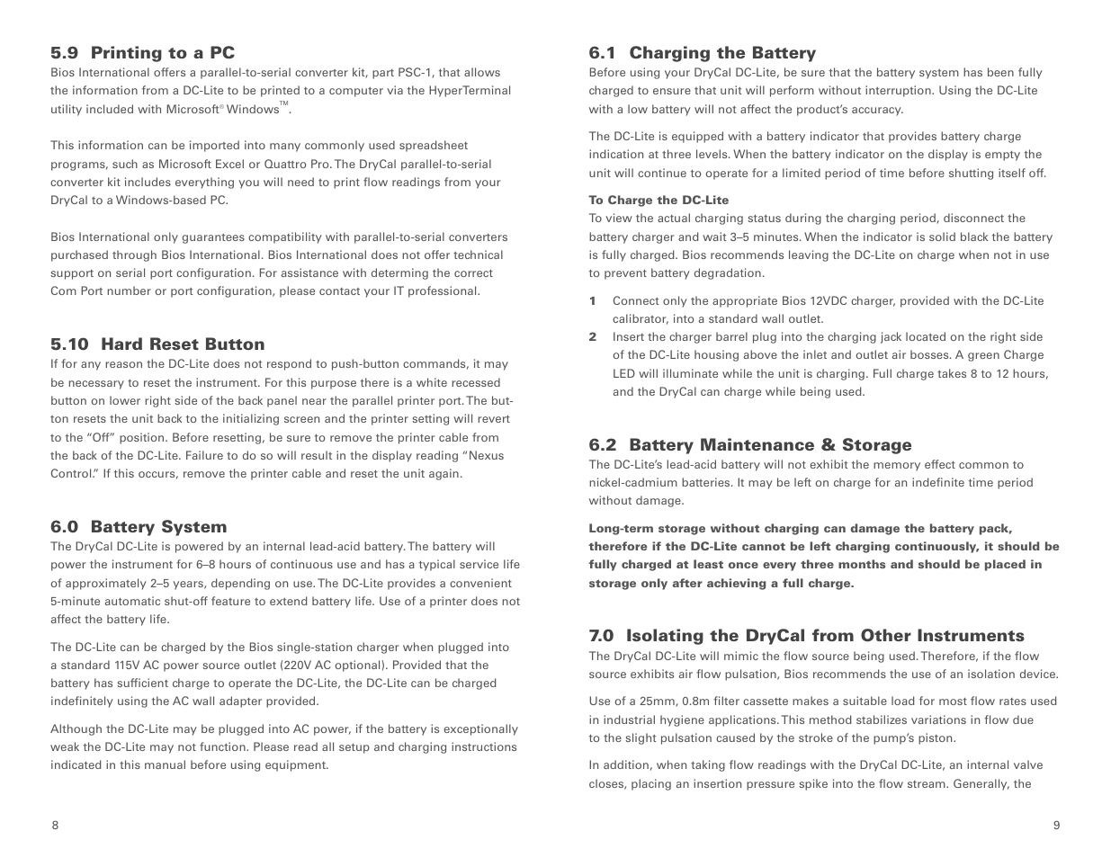 1 charging the battery, 2 battery maintenance & storage, 0 isolating the drycal from other instruments | 9 printing to a pc, 10 hard reset button, 0 battery system | Casella CEL DryCal DC-Lite flow calibrator User Manual | Page 6 / 10