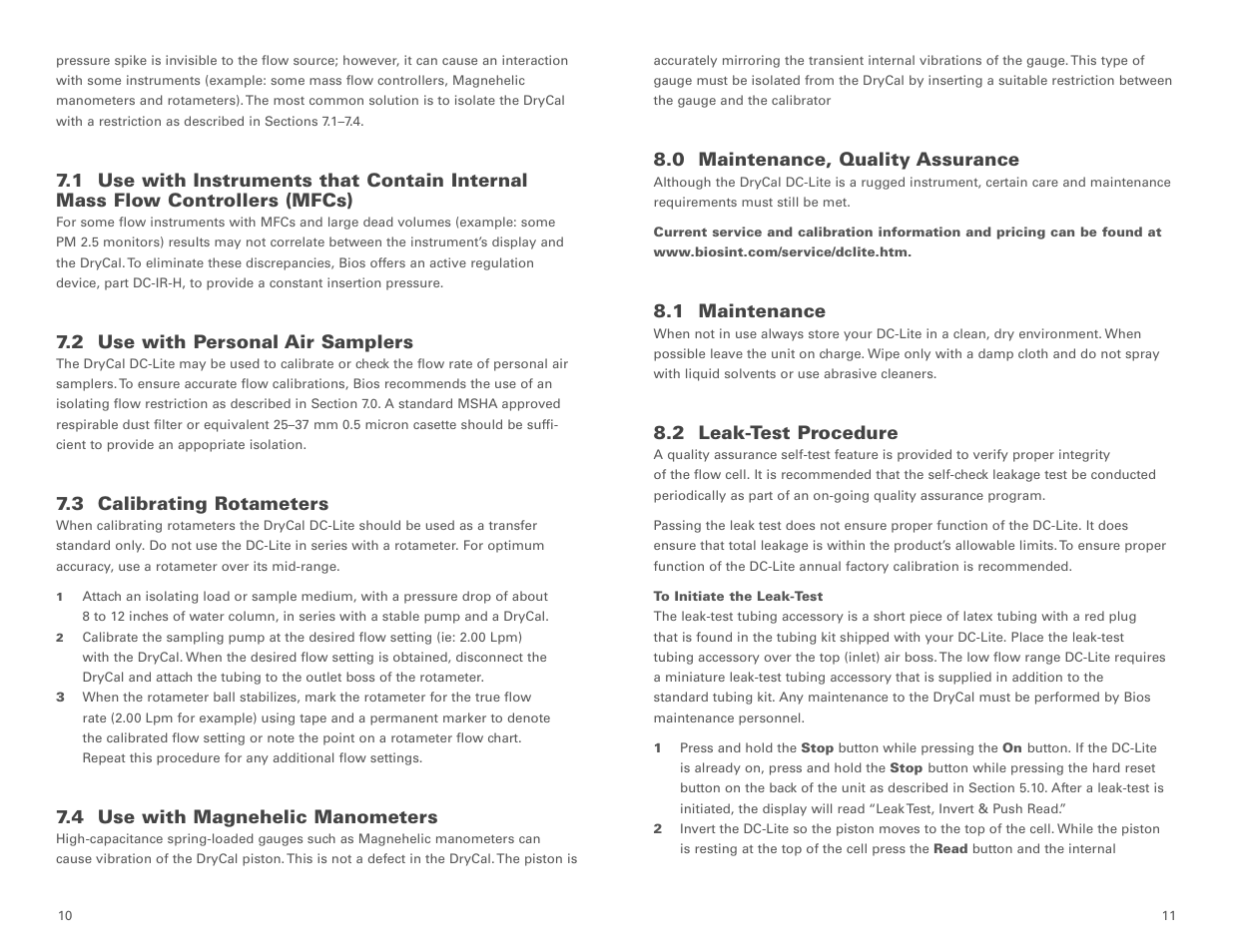 0 maintenance, quality assurance, 1 maintenance, 2 leak-test procedure | 2 use with personal air samplers, 3 calibrating rotameters, 4 use with magnehelic manometers | Casella CEL DryCal DC-Lite flow calibrator User Manual | Page 7 / 10