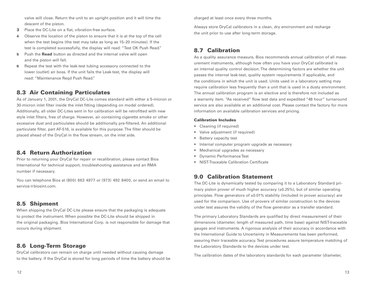 7 calibration, 0 calibration statement, 3 air containing particulates | 4 return authorization, 5 shipment, 6 long-term storage | Casella CEL DryCal DC-Lite flow calibrator User Manual | Page 8 / 10