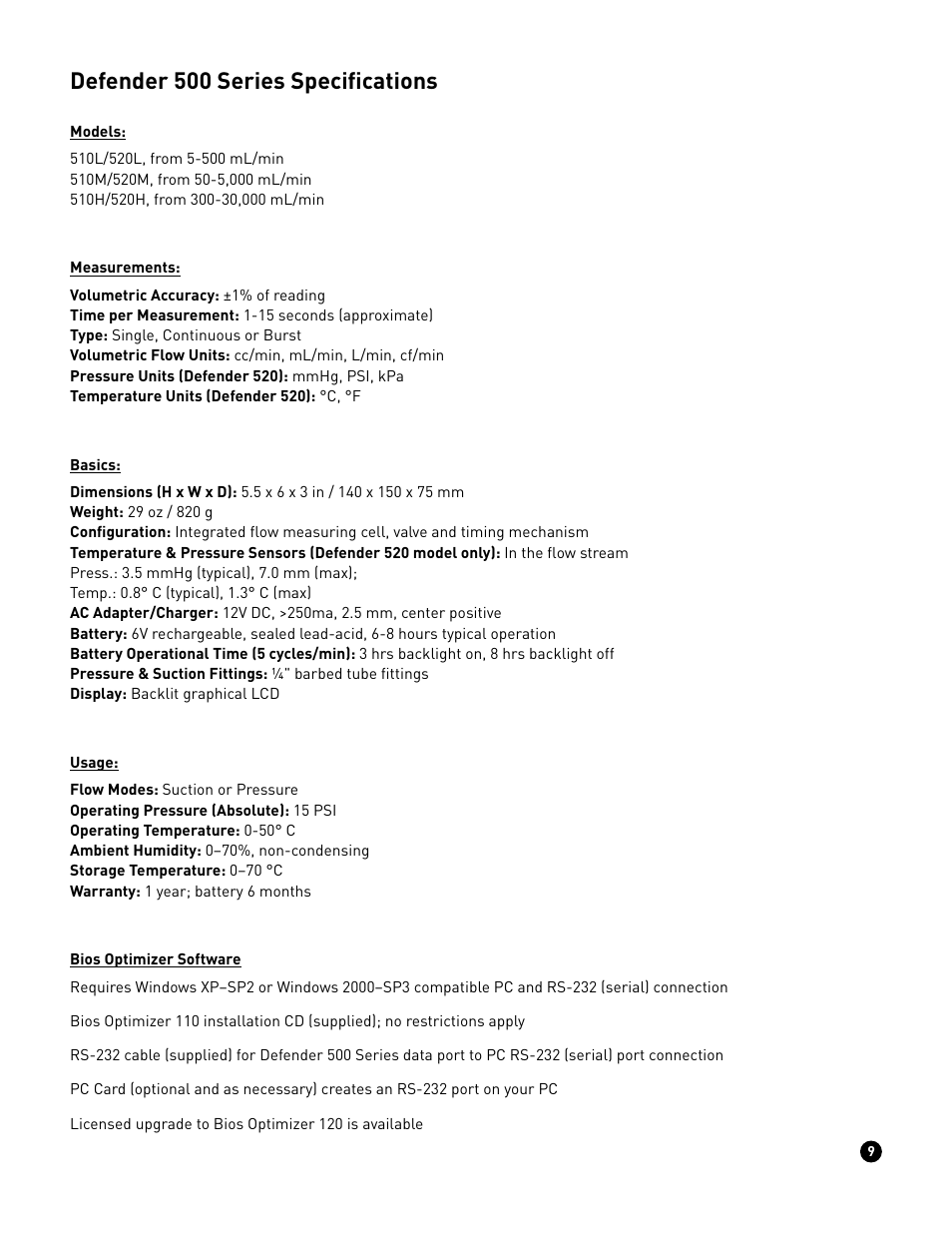 Defender 500 series specifications | Casella CEL Defender 510/520 flow calibrator User Manual | Page 10 / 11