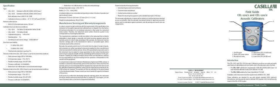Specification, Manufacturers servicing and warranty arrangements, Introduction | Think environment. think casella | Casella CEL CEL-120 User Manual | Page 2 / 2