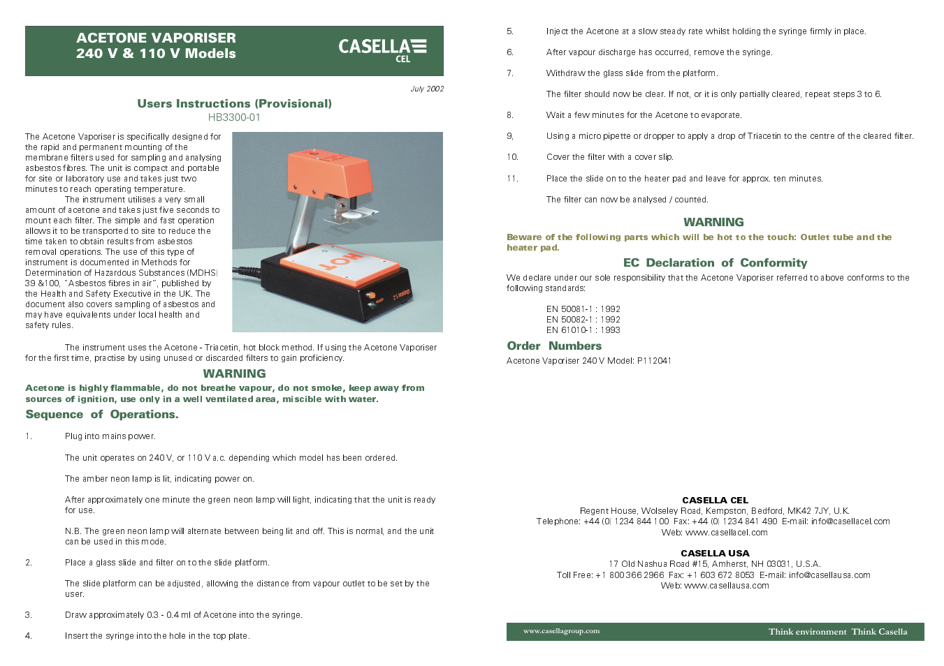 Casella CEL 240 V User Manual | 2 pages