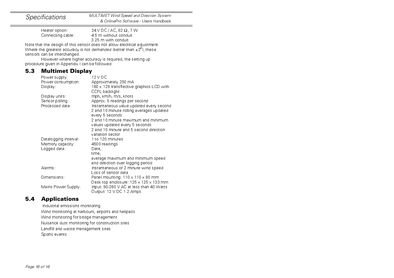 Specifications | Casella CEL Multimet User Manual | Page 16 / 16