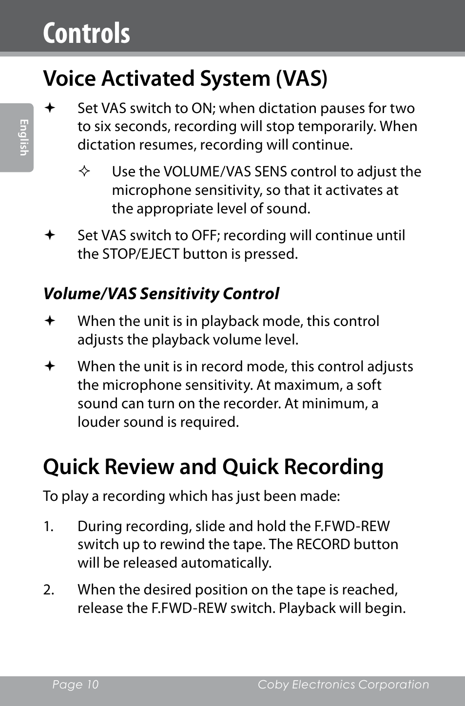 Voice activated system (vas), Volume/vas sensitivity control, Quick review and quick recording | Controls | COBY electronic CXR123 User Manual | Page 10 / 48