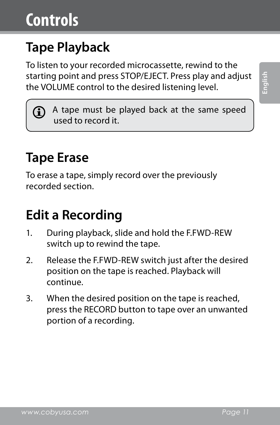 Tape playback, Tape erase, Edit a recording | Controls | COBY electronic CXR123 User Manual | Page 11 / 48