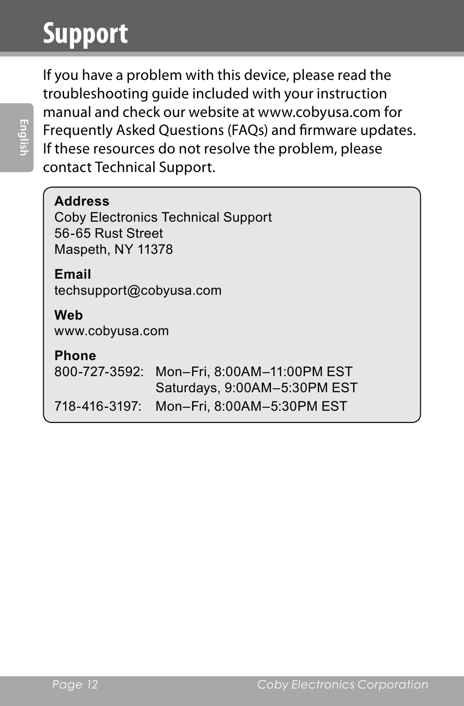 Support | COBY electronic CXR123 User Manual | Page 12 / 48