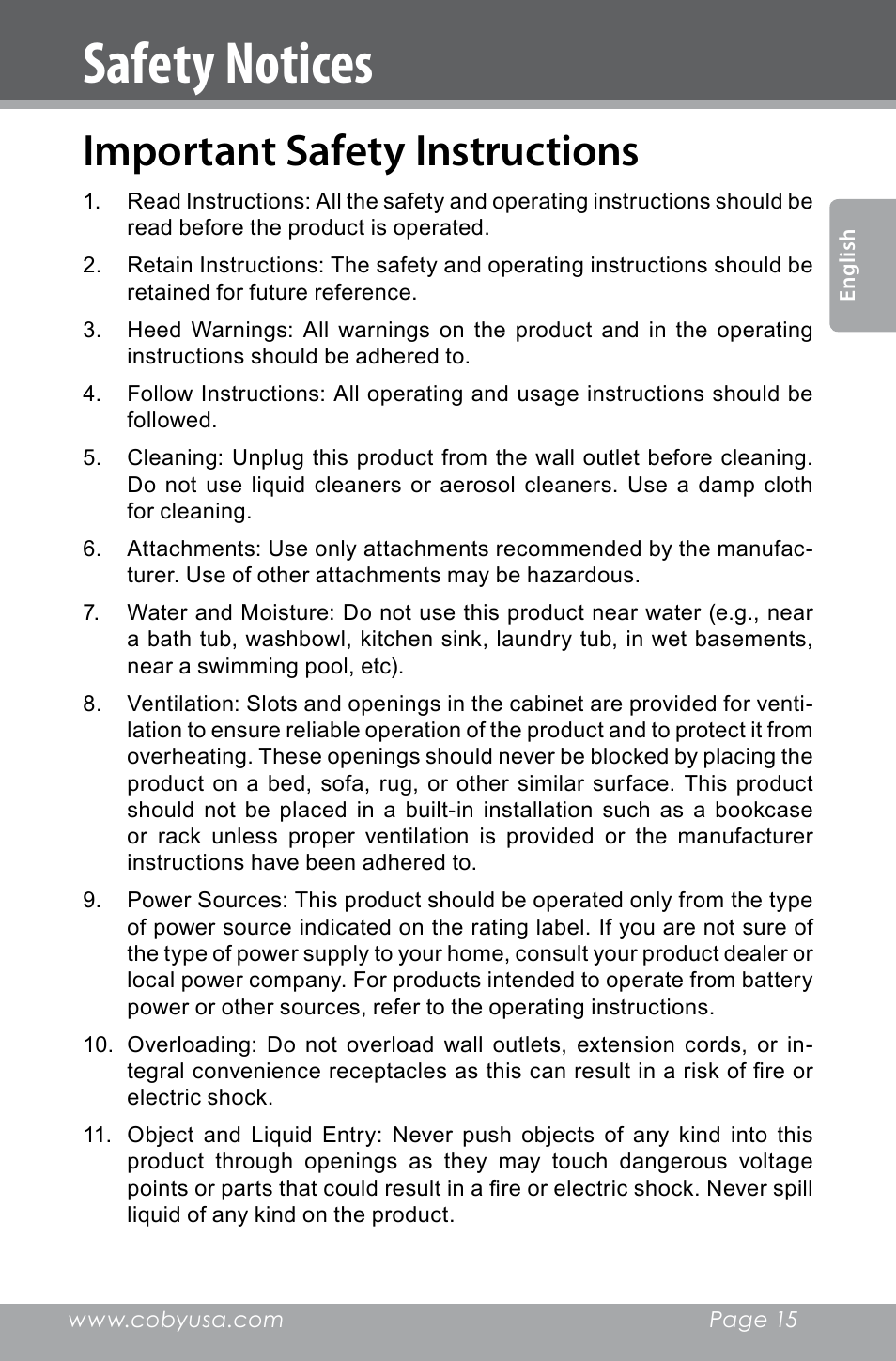 Important safety instructions, Safety notices | COBY electronic CXR123 User Manual | Page 15 / 48