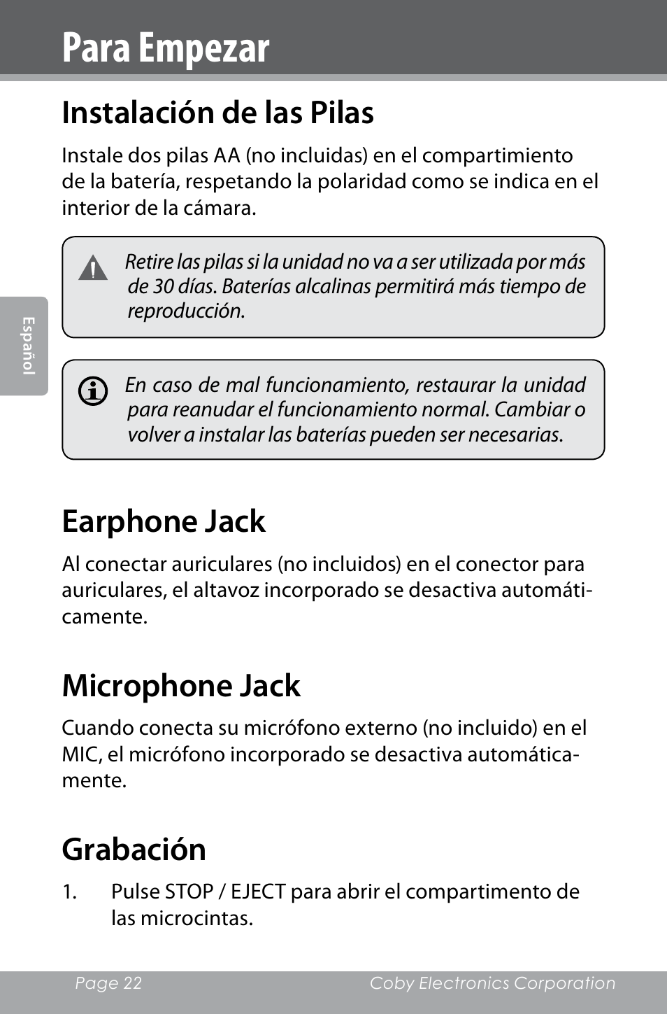 Para empezar, Instalación de las pilas, Earphone jack | Microphone jack, Grabación | COBY electronic CXR123 User Manual | Page 22 / 48