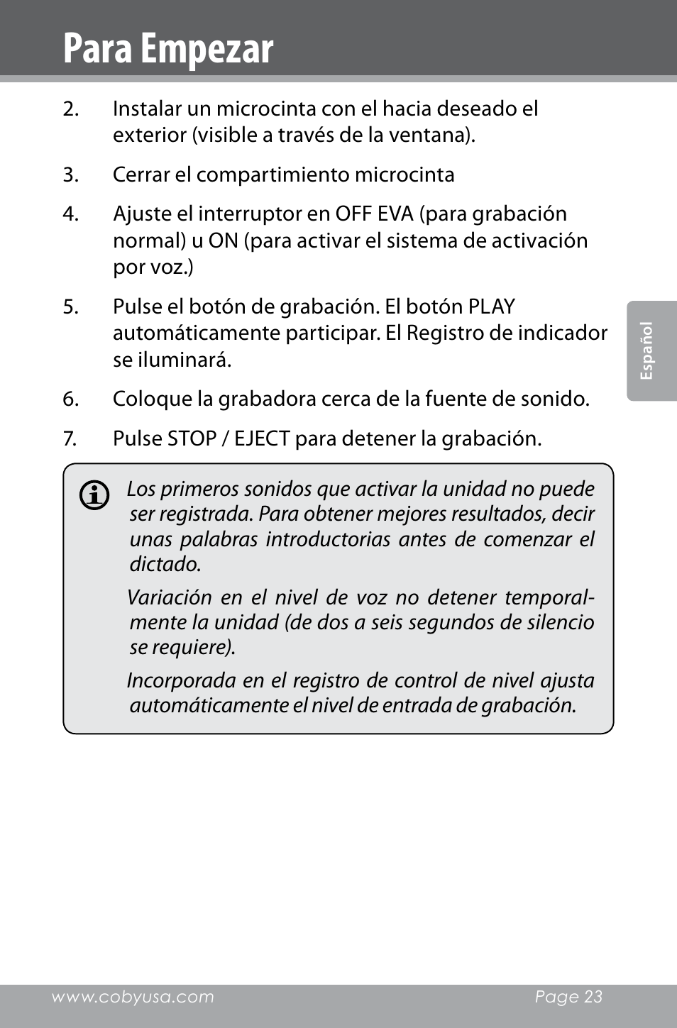 Para empezar | COBY electronic CXR123 User Manual | Page 23 / 48