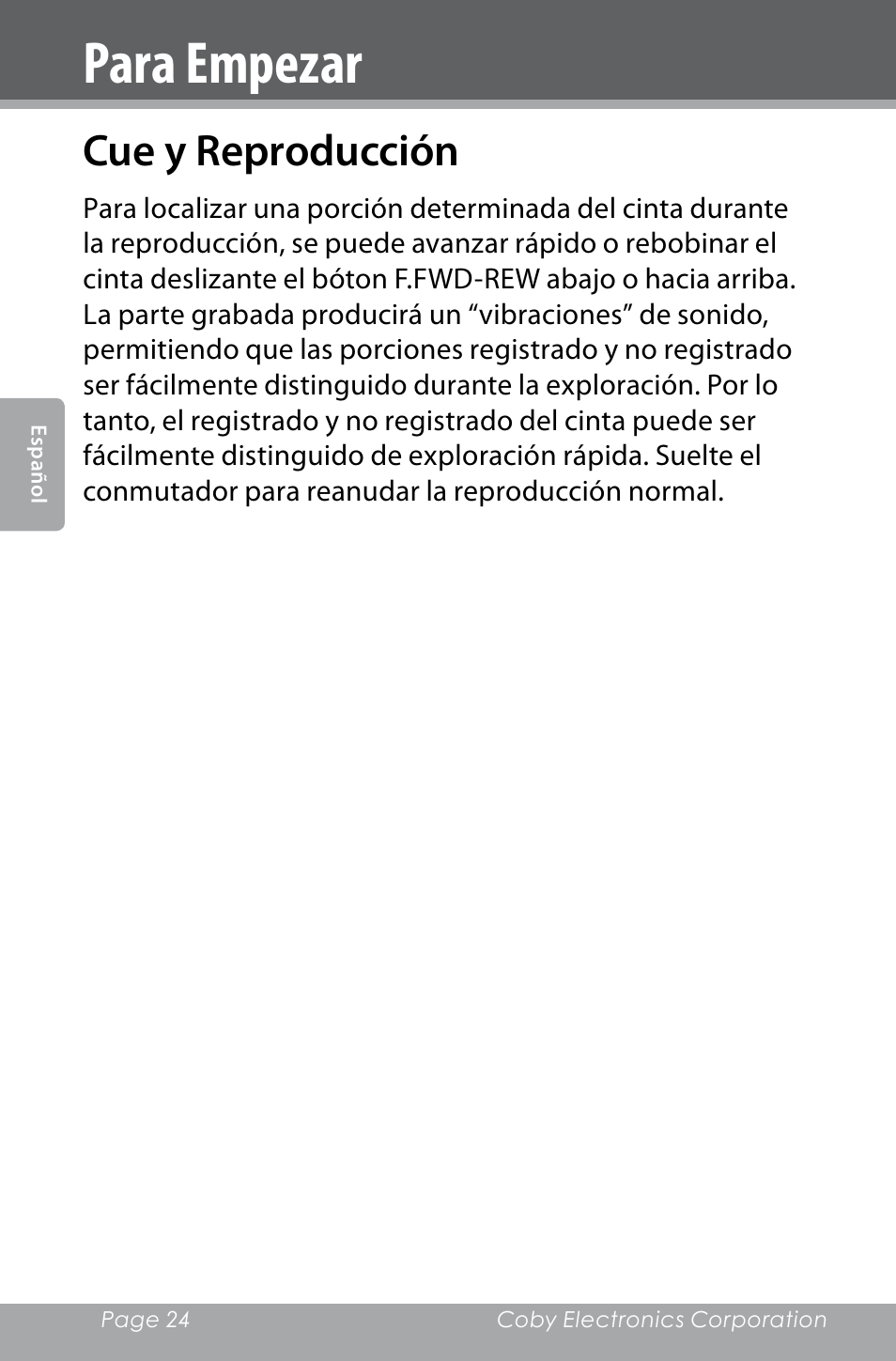 Cue y reproducción, Para empezar | COBY electronic CXR123 User Manual | Page 24 / 48