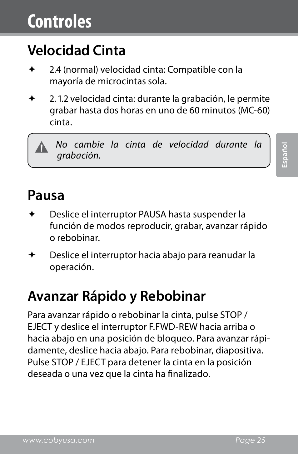 Controles, Velocidad cinta, Pausa | Avanzar rápido y rebobinar | COBY electronic CXR123 User Manual | Page 25 / 48