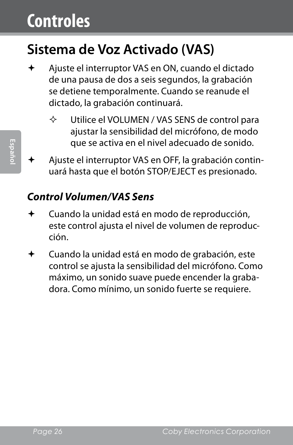 Sistema de voz activado (vas), Control volumen/vas sens, Controles | COBY electronic CXR123 User Manual | Page 26 / 48