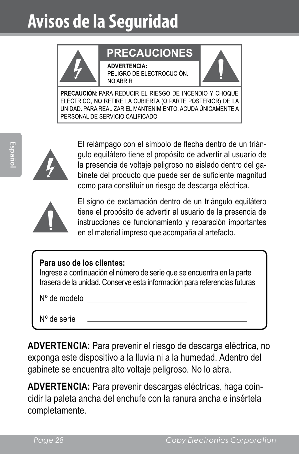 Avisos de la seguridad | COBY electronic CXR123 User Manual | Page 28 / 48