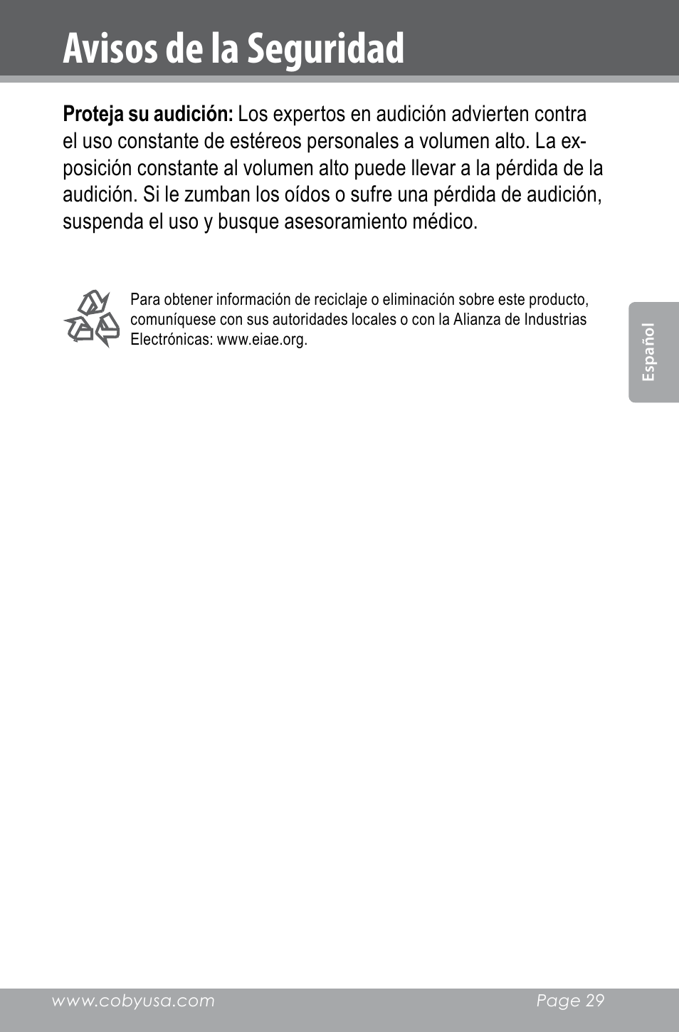 Avisos de la seguridad | COBY electronic CXR123 User Manual | Page 29 / 48