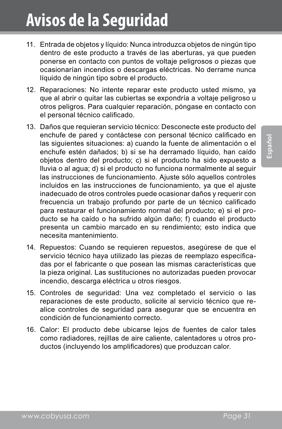 Avisos de la seguridad | COBY electronic CXR123 User Manual | Page 31 / 48