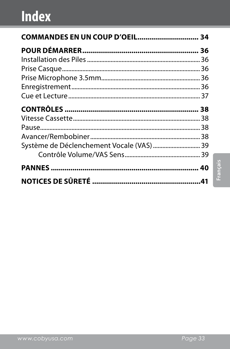 Index | COBY electronic CXR123 User Manual | Page 33 / 48