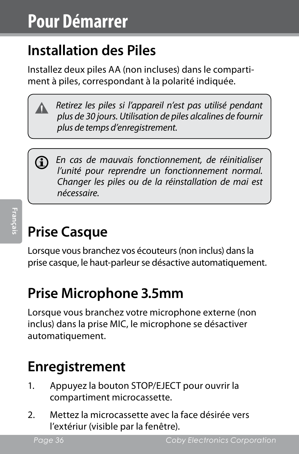 Pour démarrer, Installation des piles, Prise casque | Prise microphone 3.5mm, Enregistrement | COBY electronic CXR123 User Manual | Page 36 / 48