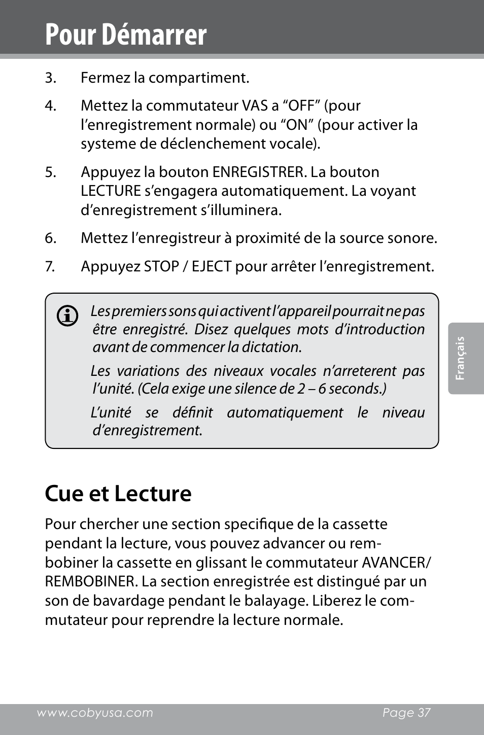 Cue et lecture, Pour démarrer | COBY electronic CXR123 User Manual | Page 37 / 48