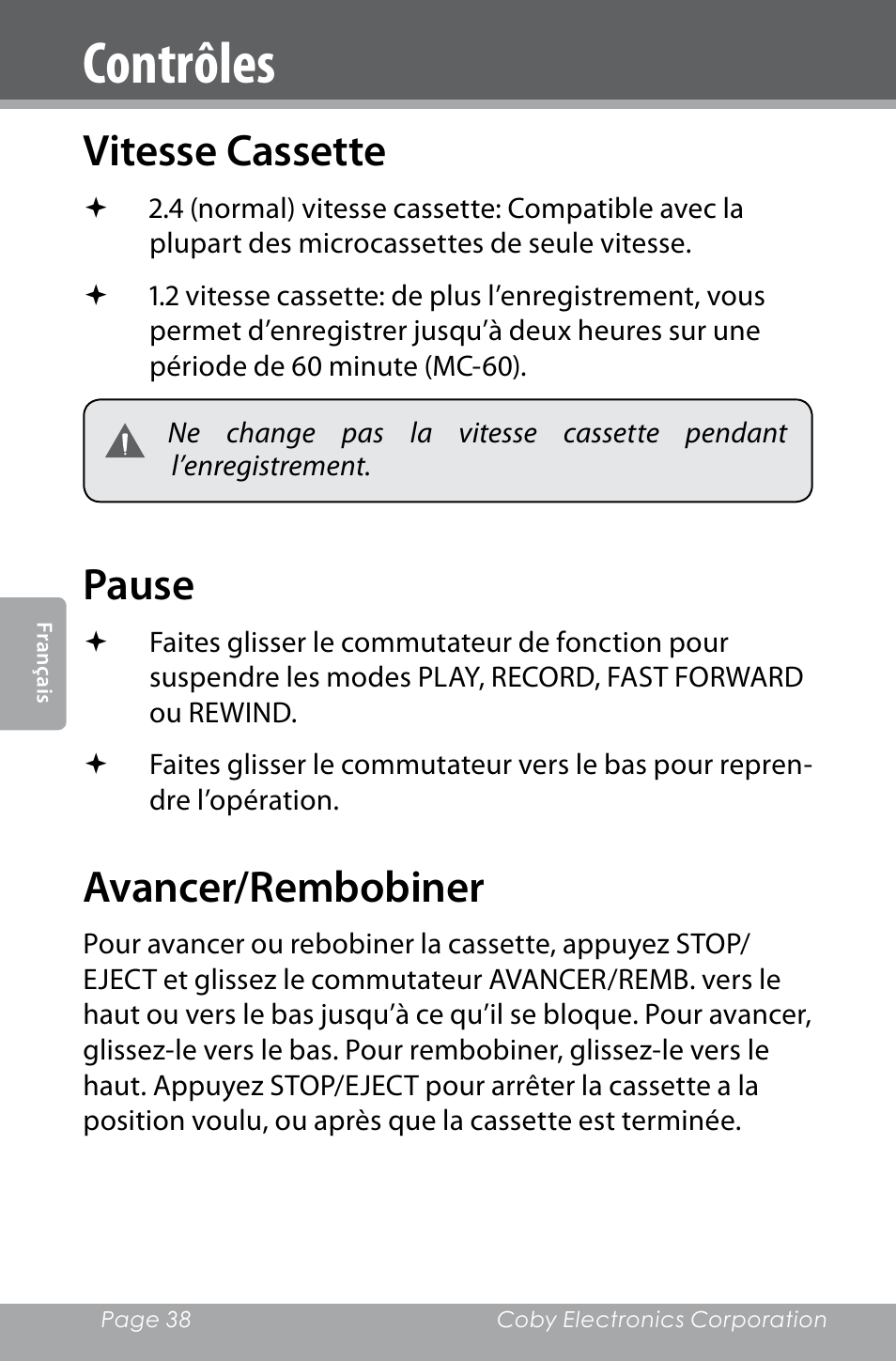 Contrôles, Vitesse cassette, Pause | Avancer/rembobiner | COBY electronic CXR123 User Manual | Page 38 / 48