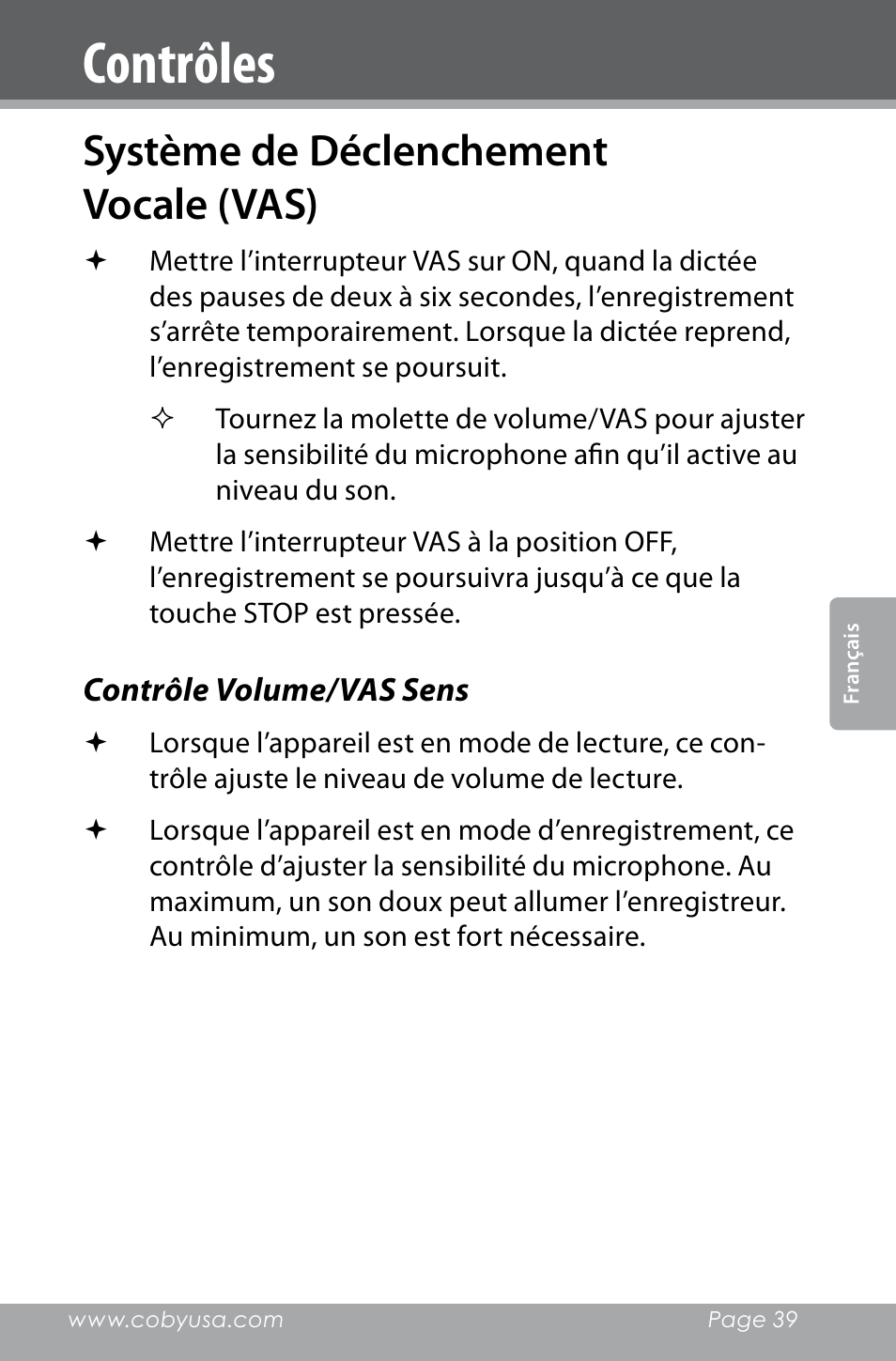 Système de déclenchement vocale (vas), Contrôle volume/vas sens, Contrôles | COBY electronic CXR123 User Manual | Page 39 / 48
