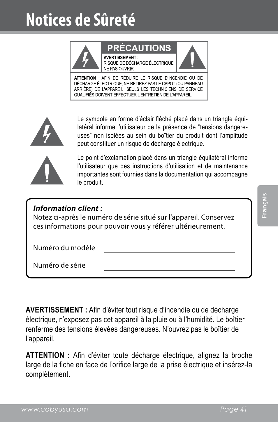 Notices de sûreté | COBY electronic CXR123 User Manual | Page 41 / 48