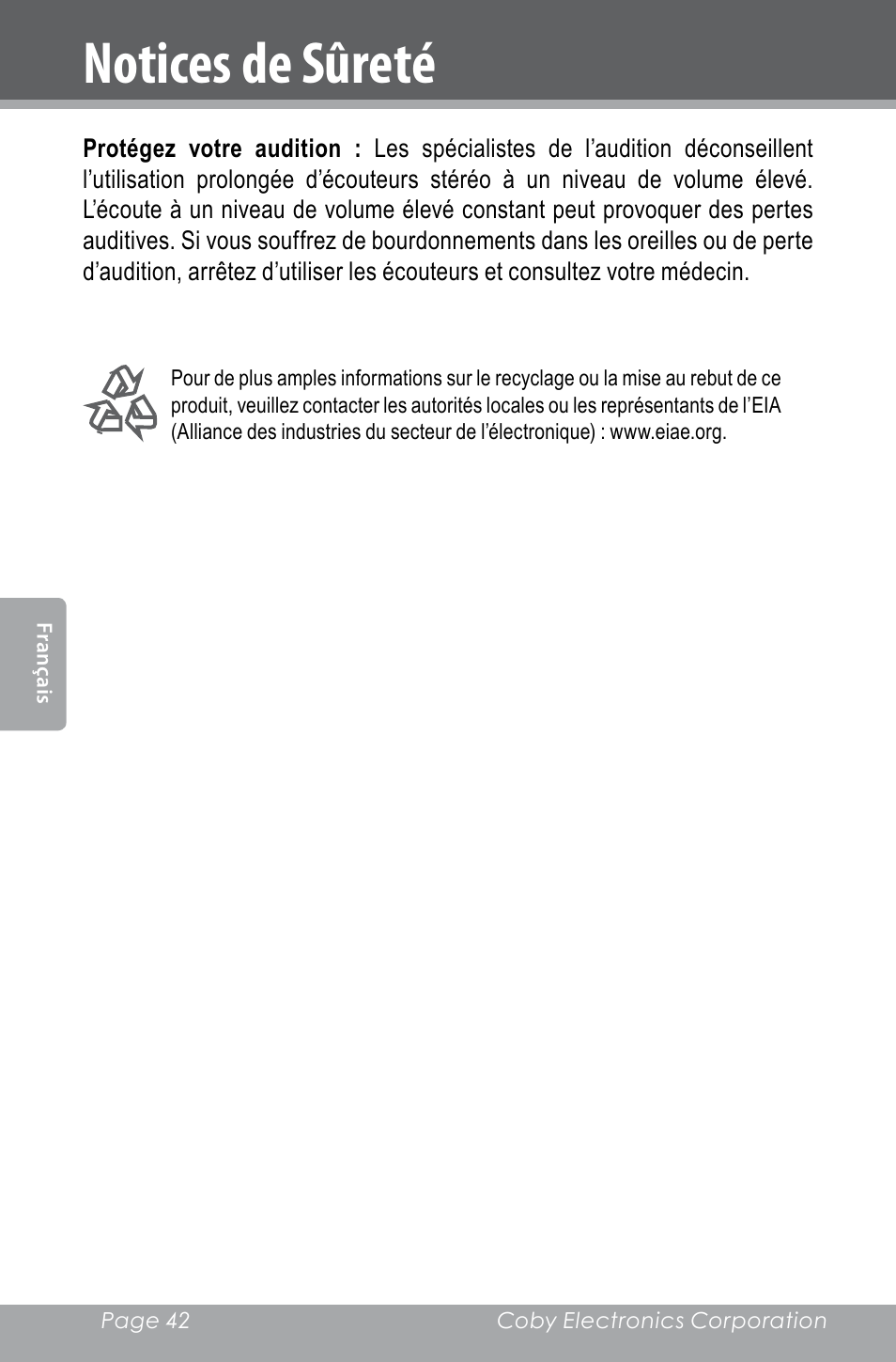 Notices de sûreté | COBY electronic CXR123 User Manual | Page 42 / 48