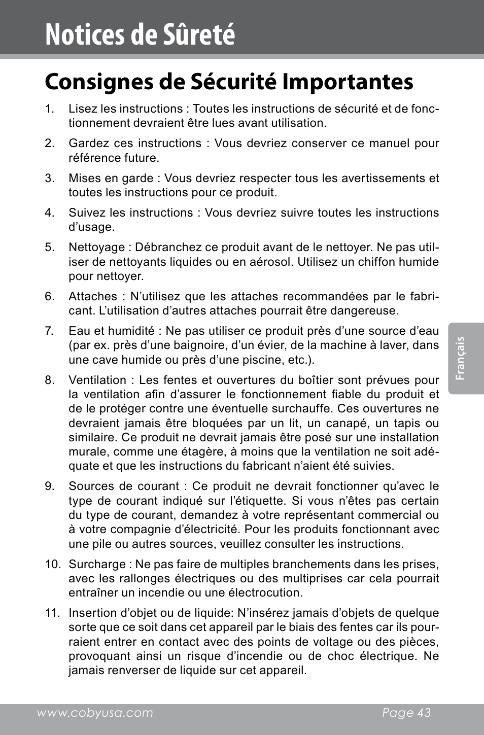 Notices de sûreté, Consignes de sécurité importantes | COBY electronic CXR123 User Manual | Page 43 / 48