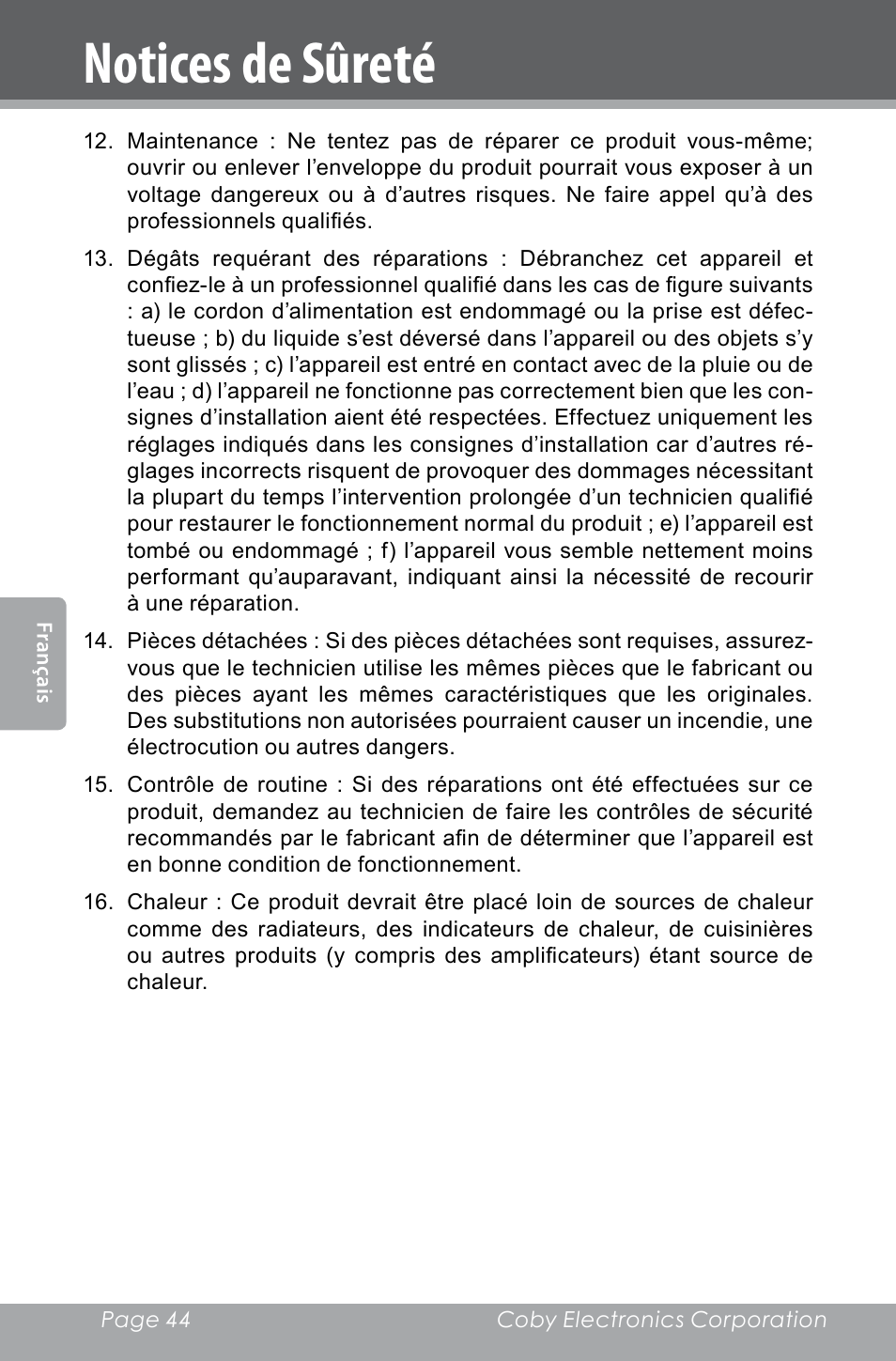 Notices de sûreté | COBY electronic CXR123 User Manual | Page 44 / 48