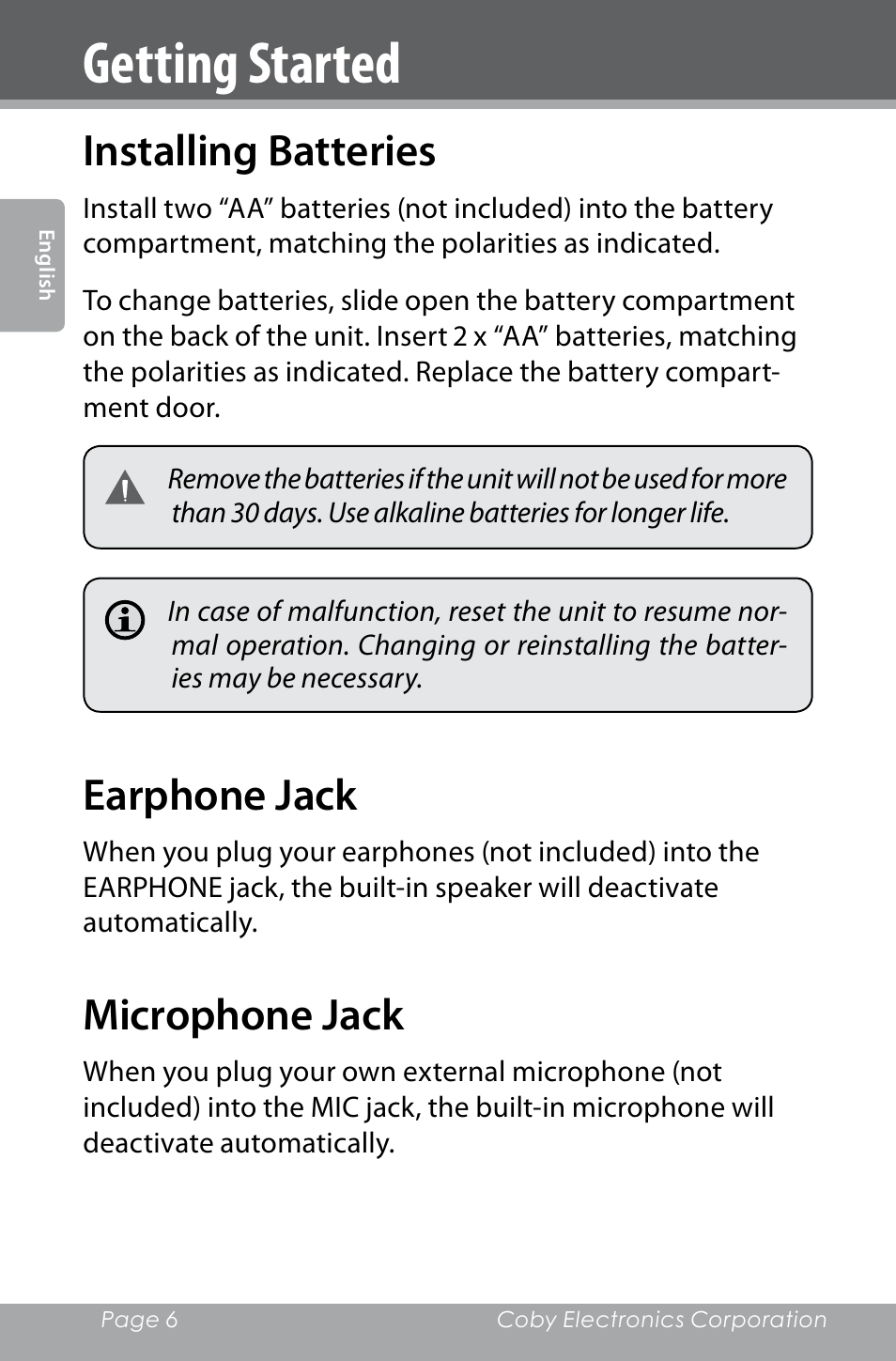 Getting started, Installing batteries, Earphone jack | Microphone jack | COBY electronic CXR123 User Manual | Page 6 / 48