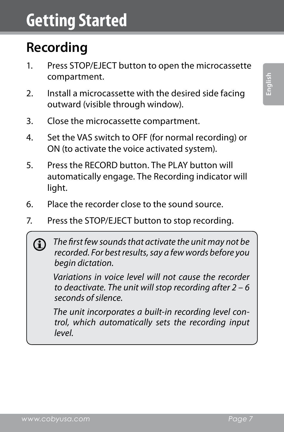Recording, Getting started | COBY electronic CXR123 User Manual | Page 7 / 48