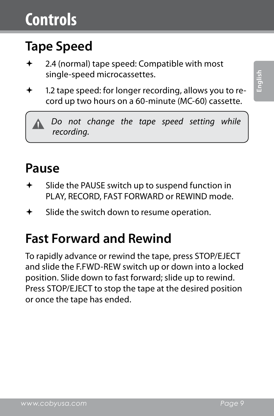 Controls, Tape speed, Pause | Fast forward and rewind | COBY electronic CXR123 User Manual | Page 9 / 48