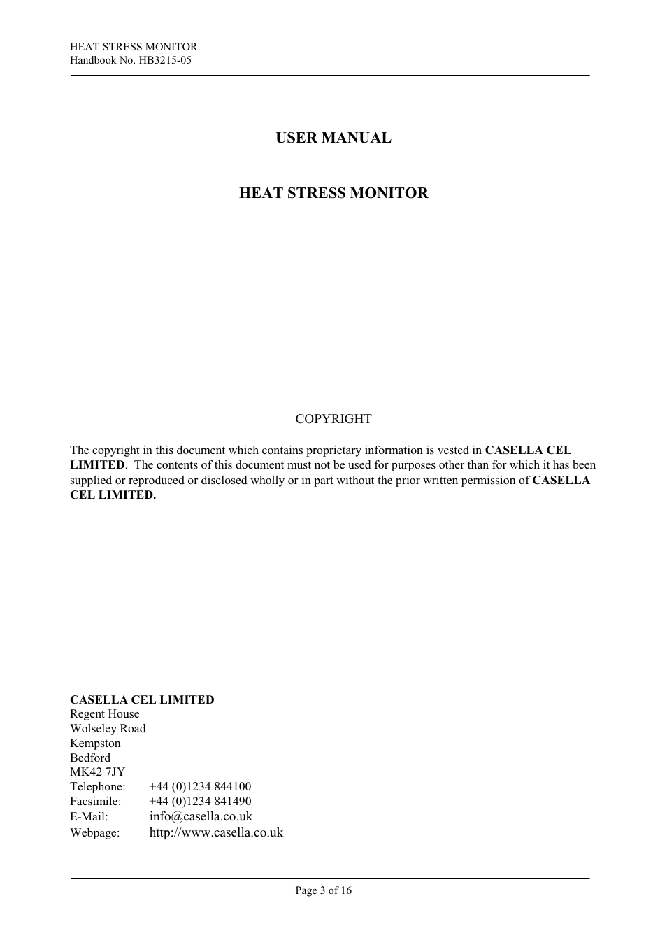 User manual heat stress monitor | Casella CEL Software for Heat Stress Monitor HSM100 User Manual | Page 3 / 16