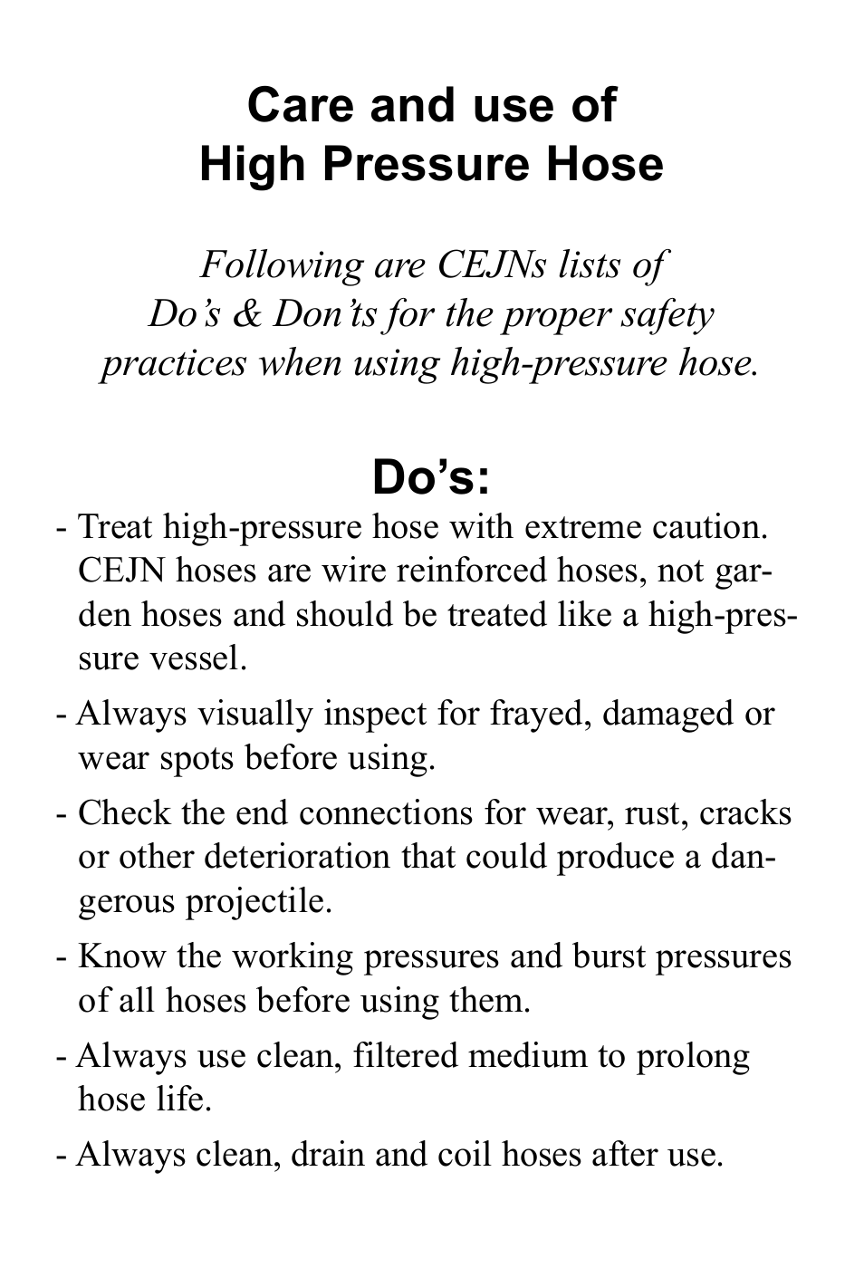 Care and use of high pressure hose, Do’s | CEJN High-Pressure Hose User Manual | Page 2 / 4
