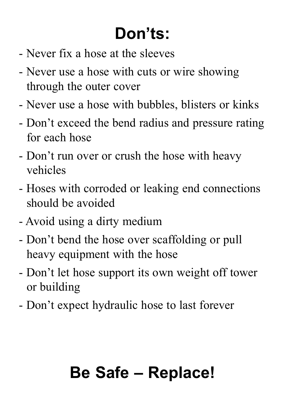 Don’ts, Be safe – replace | CEJN High-Pressure Hose User Manual | Page 3 / 4