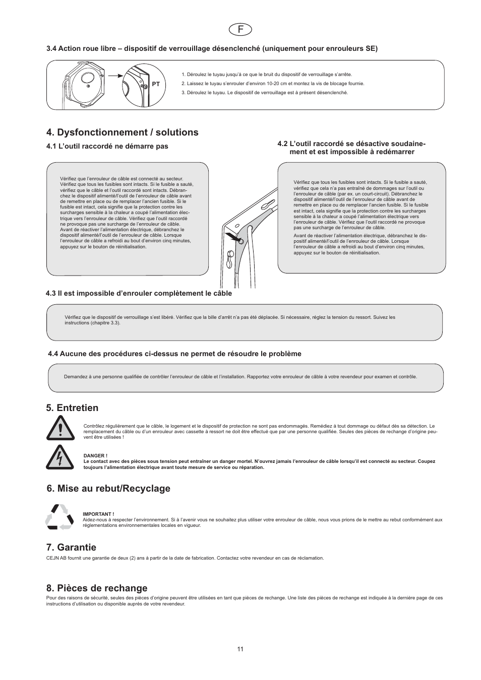 Dysfonctionnement / solutions, Entretien, Mise au rebut/recyclage | Garantie, Pièces de rechange | CEJN Cable Reels User Manual | Page 11 / 57