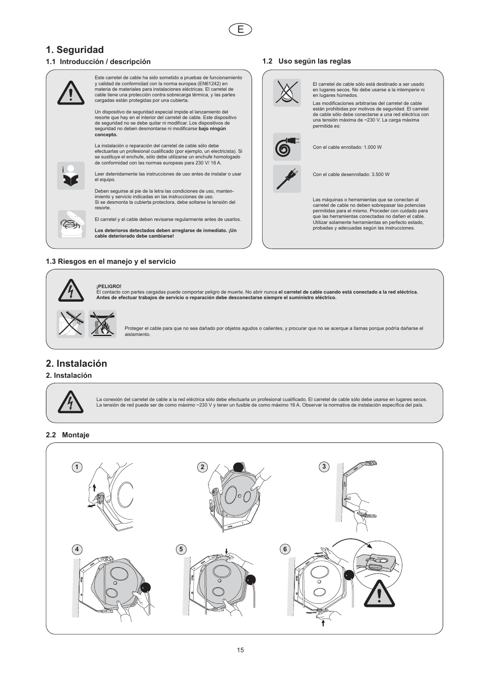 Seguridad, Instalación | CEJN Cable Reels User Manual | Page 15 / 57