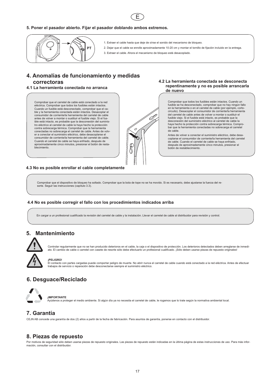 Anomalías de funcionamiento y medidas correctoras, Mantenimiento, Desguace/reciclado | Garantía, Piezas de repuesto | CEJN Cable Reels User Manual | Page 17 / 57