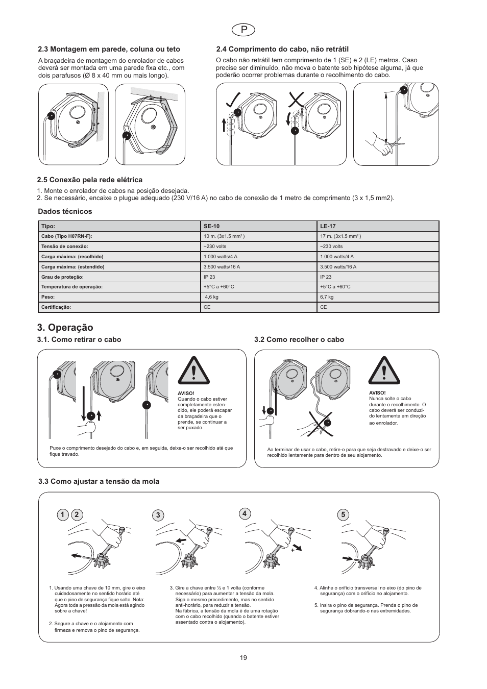 Operação, 3 montagem em parede, coluna ou teto, 4 comprimento do cabo, não retrátil | 5 conexão pela rede elétrica, Dados técnicos, Como retirar o cabo, 2 como recolher o cabo | CEJN Cable Reels User Manual | Page 19 / 57
