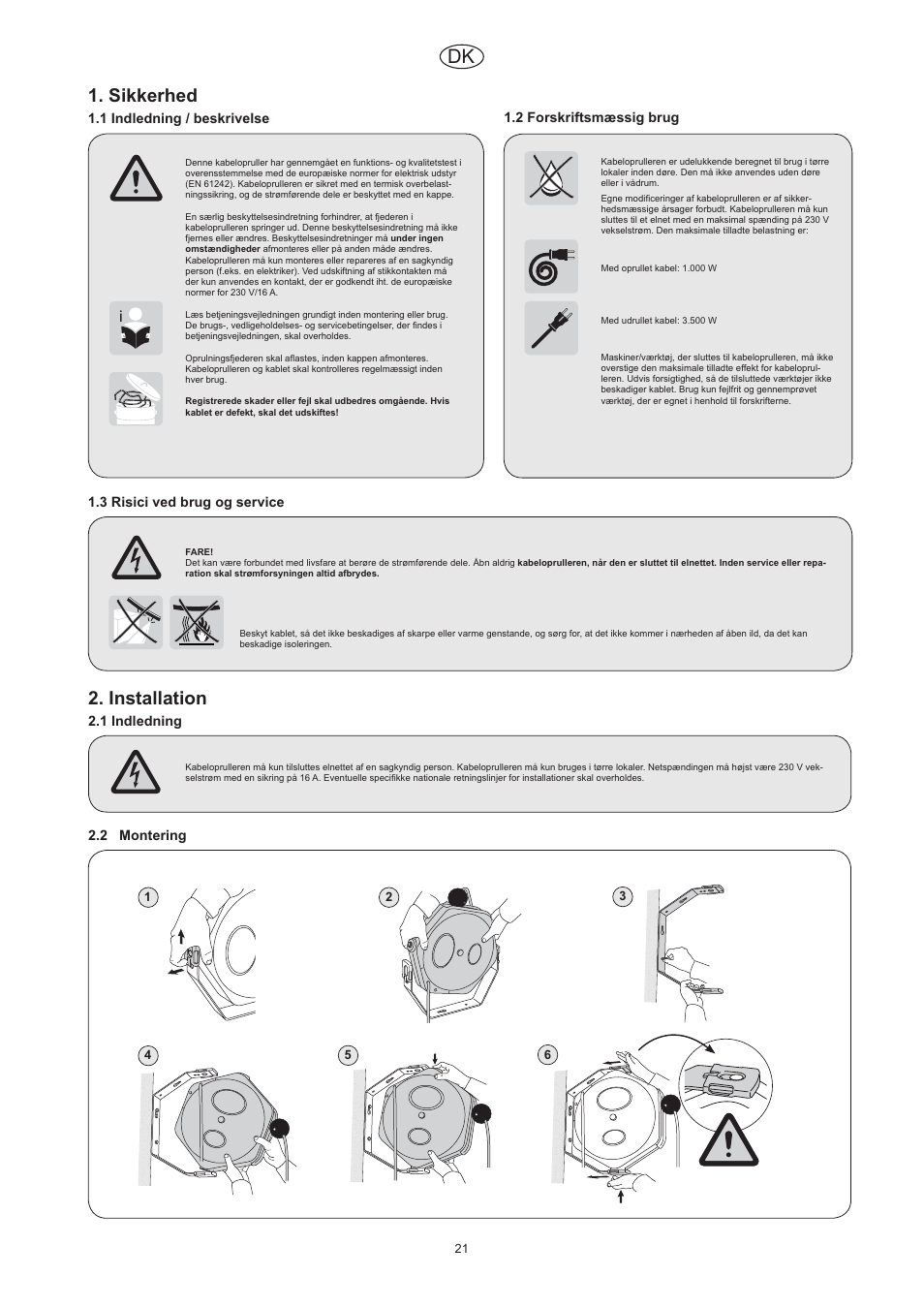 Sikkerhed, Installation | CEJN Cable Reels User Manual | Page 21 / 57