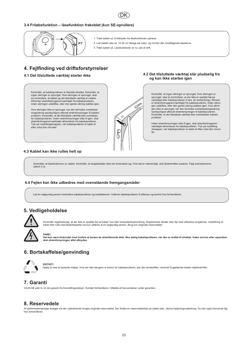 Fejl¿ nding ved driftsforstyrrelser, Vedligeholdelse, Bortskaffelse/genvinding | Garanti, Reservedele | CEJN Cable Reels User Manual | Page 23 / 57
